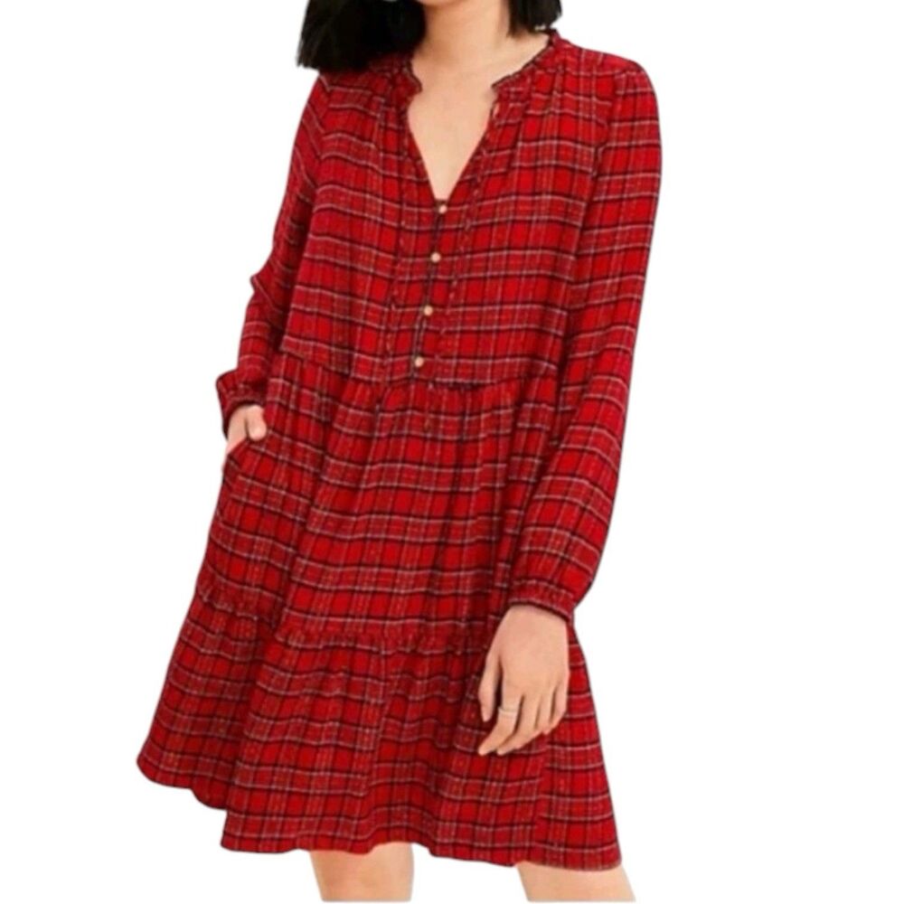 LOFT Red Plaid Tiered Mini Dress Pockets Ruffle Neck Holiday Preppy Metallic XL